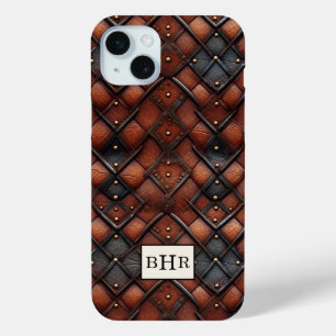 Coque iPhone 15 Mini Marron Diamant Cuir Vintage Monogrammé