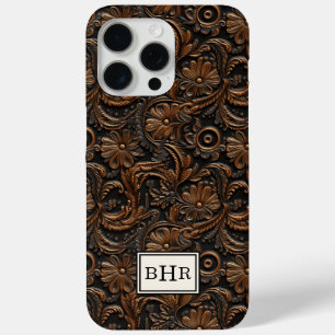Coque iPhone 15 Pro Max Marron Vintage Cuir Outilé Monogrammé