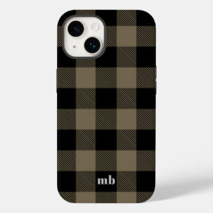 Coque Pour iPhone 14 Masculine Noir Buffle Brown Nom Plaid Initiales