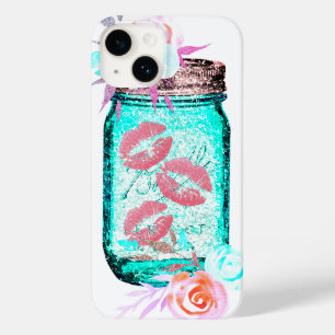 Coque Pour iPhone 14 Mason jar papillon baiser floral rose turquoise gr