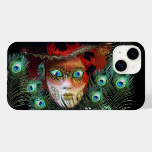 COQUE POUR iPhone 14 MASQUE ROUGE AVEC PEACOCK FEATHERS MASQUERADE PART