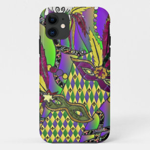 Coque iPhone 11 Masques à plumes de Mardi Gras psychédéliques
