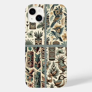 Coque Pour iPhone 14 Plus Masques Tiki tropicaux vintages et oiseaux gris ve