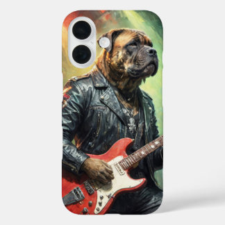 Coque Pour iPhone 16 Mastiff en veste en cuir jouant de la guitare rock