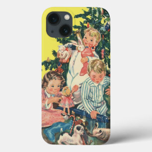 Etui iPhone 13 Matin de Noël Vintage, Enfants Ouverture Cadeaux
