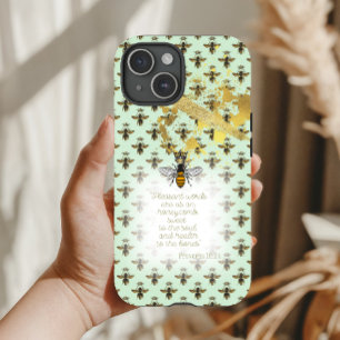 Coque Pour iPhone 15 Matrice d'abeille verte pastel chic et or avec Écr