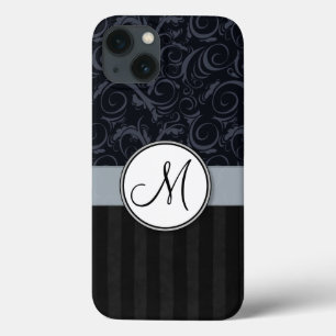 iPhone 13 Coque Mèches florales bleues et noires, rayures avec le