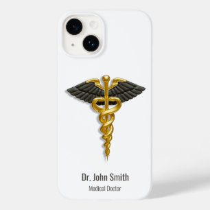 Coque Pour iPhone 14 Médicale Élégant Classy Gold Caduceus Black Wings