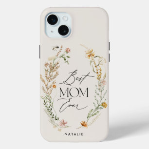 Coque iPhone 15 Mini Meilleure maman crème élégante fleur sauvage flora
