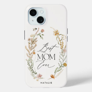 Coque Pour iPhone 15 Meilleure maman crème élégante fleur sauvage flora