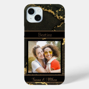 Coque iPhone 15 Mini Meilleurs amis Photo personnalisable Noir et Or