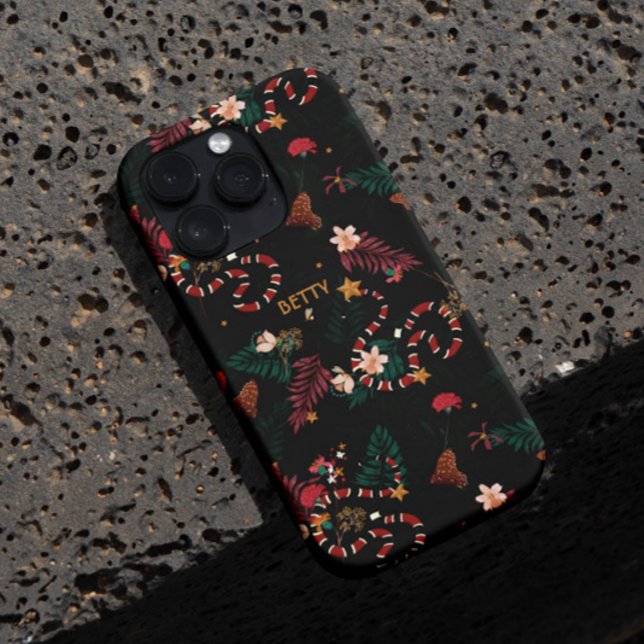 Coques Case-Mate iPhone Mélange floral de serpent rouge à la mode en noir (Fashionable Red Snake Mix Floral Pattern in Black Case-Mate iPhone Case)