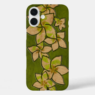 Coques iPhone 16 Plus Melia Hawaii Plumeria Faux Wood Green