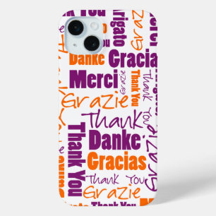 Coque iPhone 15 Mini Merci de typographie multilingue violet orange
