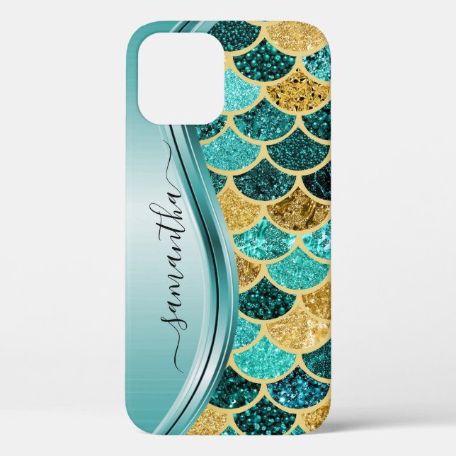 Coques Case-Mate iPhone Mermaid Scales Aqua Nom manuscrit Or (Verso)