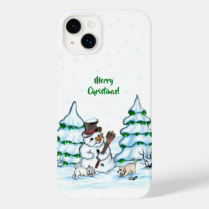 Coque Pour iPhone 14 Plus Merry Christmas! Snowman with Cat and Puppy