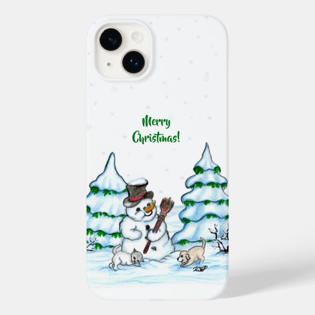 Coques Case-Mate iPhone Merry Christmas! Snowman with Cat and Puppy (Verso)