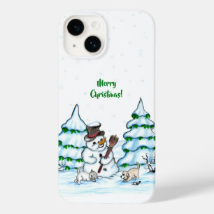 Coque Pour iPhone 14 Merry Christmas! Snowman with Cat and Puppy