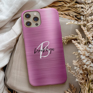 Coque Pour iPhone 15 Métal brossé rose Noir Blanc Script Monogramme