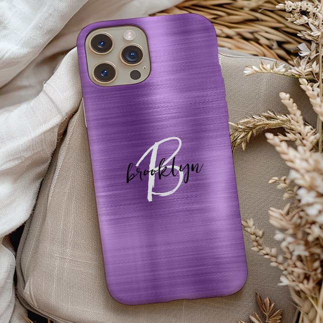 Coques Case-Mate iPhone Métal brossé violet noir noir Monogramme blanc (Créateur téléchargé)