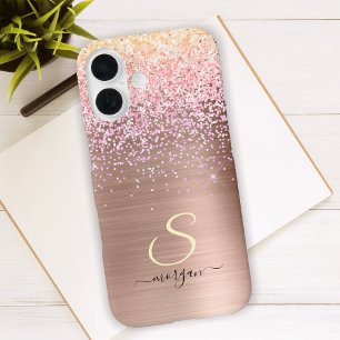 Coque Pour iPhone 16 Métal Rose Gold, Paillettes, Nom en écriture et In