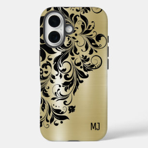 Coque Pour iPhone 16 Métallurgique Texture d'or noir Monogramme d'accen
