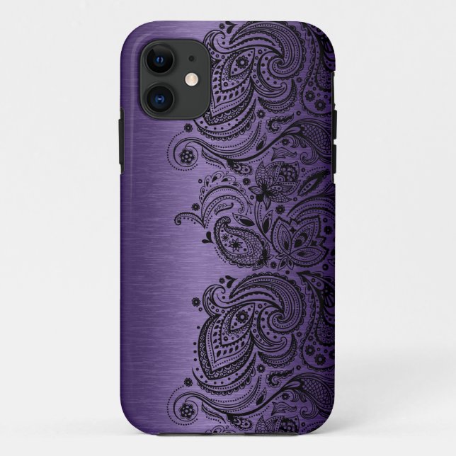 Coques Case-Mate iPhone Métallurgique Violet Avec Dentelle De Paisley Noir (Dos)