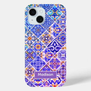 Coque Pour iPhone 15 Mexicaine Sicilienne Méditerranée pourpre carreaux