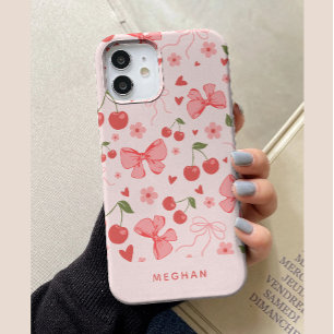 Coque Pour iPhone 15 Mignon Cerises et Rubans Coquette Rose Personnalis