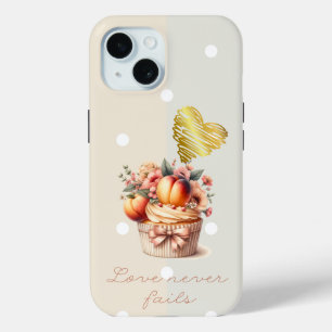 Coque Pour iPhone 15 Mignon Cupcake Fleur Fruit Point de Foi Cœur en Or