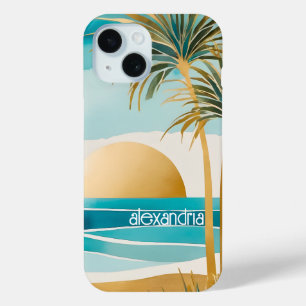Coque Pour iPhone 15 Mignonne Boho Gold Abstrait Paysage De Plage Avec