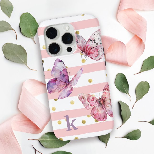 Coques Case-Mate iPhone Mignonne Girl's Pink Stripes Dots et Papillons (Personalize with your monogram initial.)