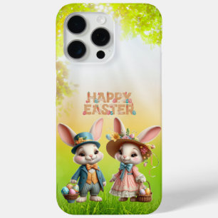 Coque iPhone 15 Pro Max Mignonne, Whimsical Joyeuse Pâques avec 2 lapins