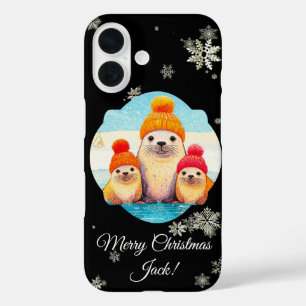 Coque Pour iPhone 16 Mignons phoques au bonnet tricoté illustration de 