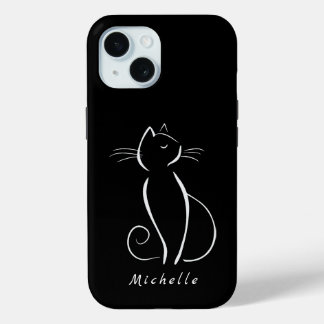 Coque Pour iPhone 15 Minimaliste Chat Blanc Sur Noir Ajouter Nom