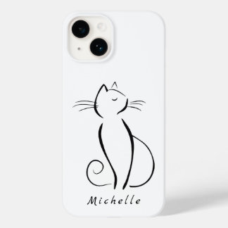 Coque Pour iPhone 14 Minimaliste Chat noir sur blanc Ajouter un nom
