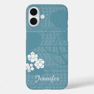 Coques iPhone 16 Plus Minimaliste floral bleu et blanc, nom, fille