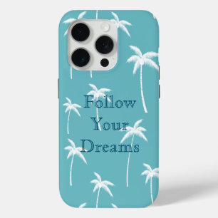 Coque iPhone 15 Pro Mint Aqua et palmiers blancs