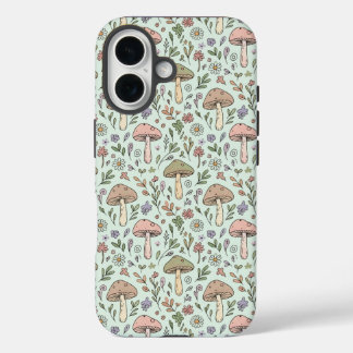 Coque Pour iPhone 16 Mint Green Fungi Cottagecore Seamless Pattern