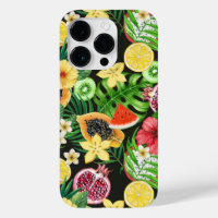 Mix-fruits tropicaux, fleurs et feuilles en noir