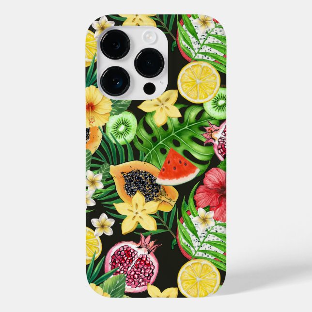 Coques Case-Mate iPhone Mix-fruits tropicaux, fleurs et feuilles en noir (Verso)