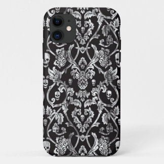 Coque iPhone 11 Modèle affligé noir et blanc de damassé de crâne