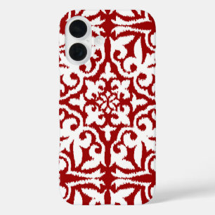 Coques iPhone 16 Modèle damassé Ikat - Rouge foncé et blanc