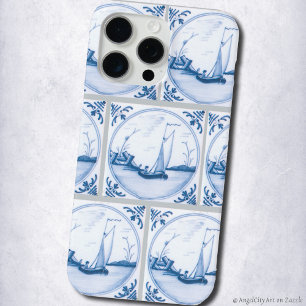 Coque iPhone 15 Pro Max Modèle de carreaux faux Delft bleu blanc avec voil