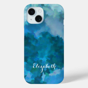 Coque Pour iPhone 15 Modèle de nom personnalisé bleu vert aquarelle mod