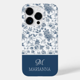 Coque Pour iPhone 14 Pro Modèle Floral bleu et nom Personnalisé