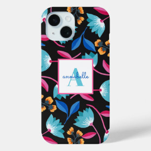 Coque Pour iPhone 15 Modèle floral d'art folklorique monogramme