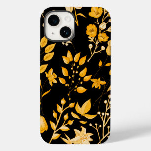 Coque Pour iPhone 14 Modèle Floral d'or pour l'automne. BG noir