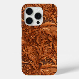 Coque iPhone 15 Pro Modèle floral en cuir Brown à outils 3-D