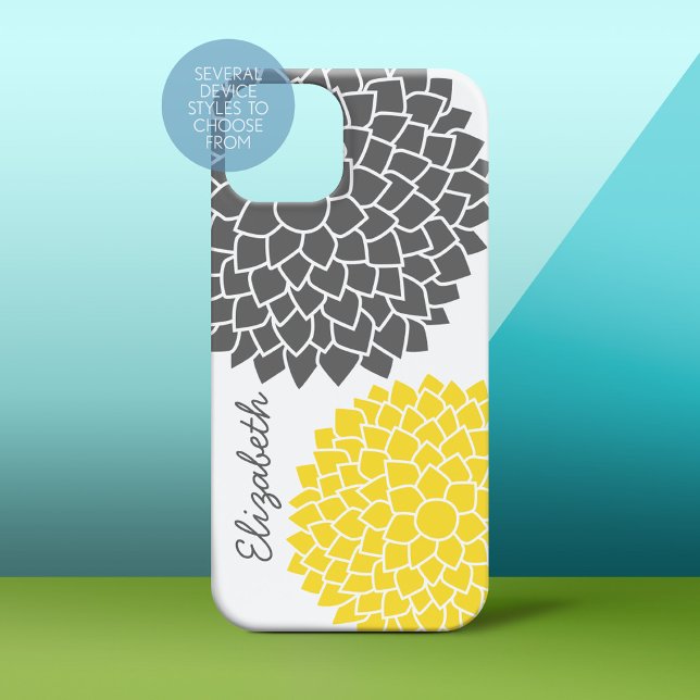 Coques Case-Mate iPhone Modèle floral moderne - gris et jaune (Personalized Phone Case)
